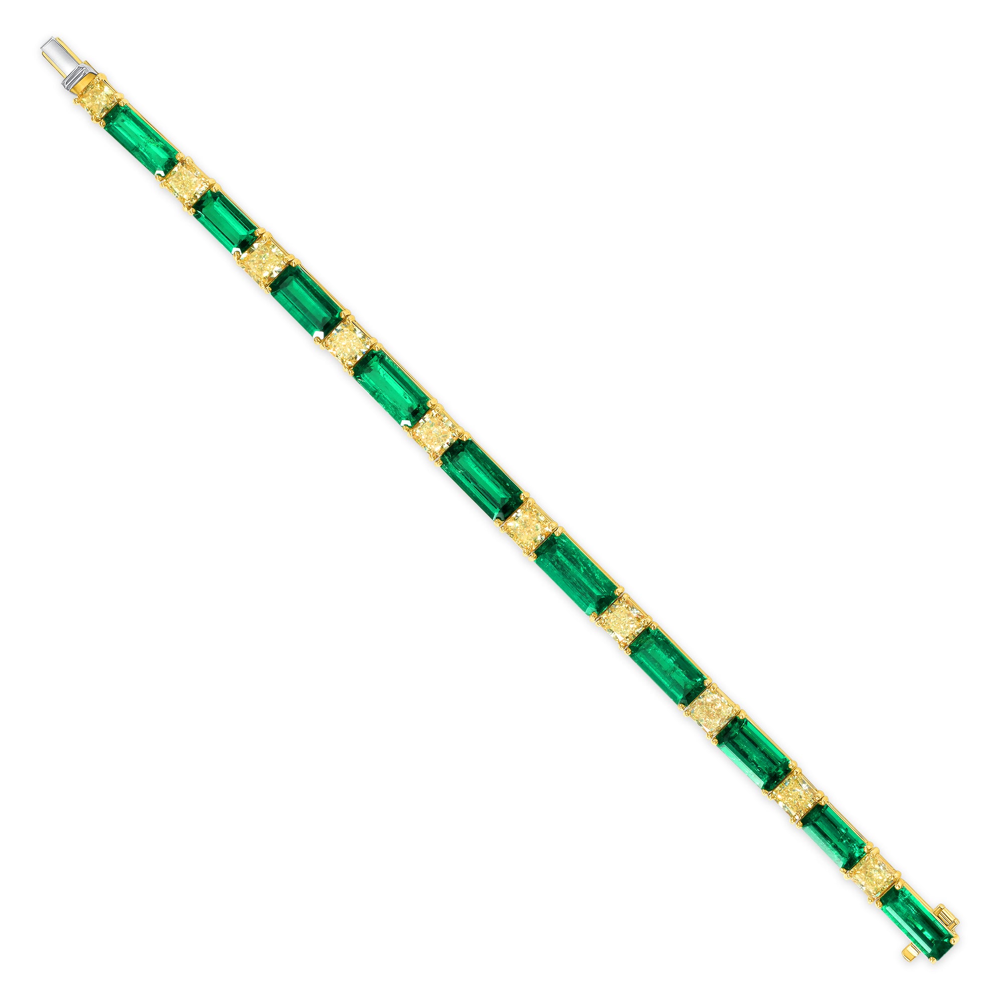 Colombian Emerald Baguette and Radiant Cut Fancy Yellow Diamond Bracelet