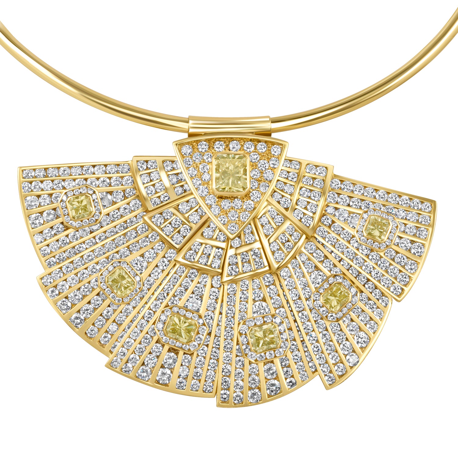 Radiant Cut Natural Yellow Diamond &amp; Round Brilliant Cut White Diamond Fan Brooch Necklace