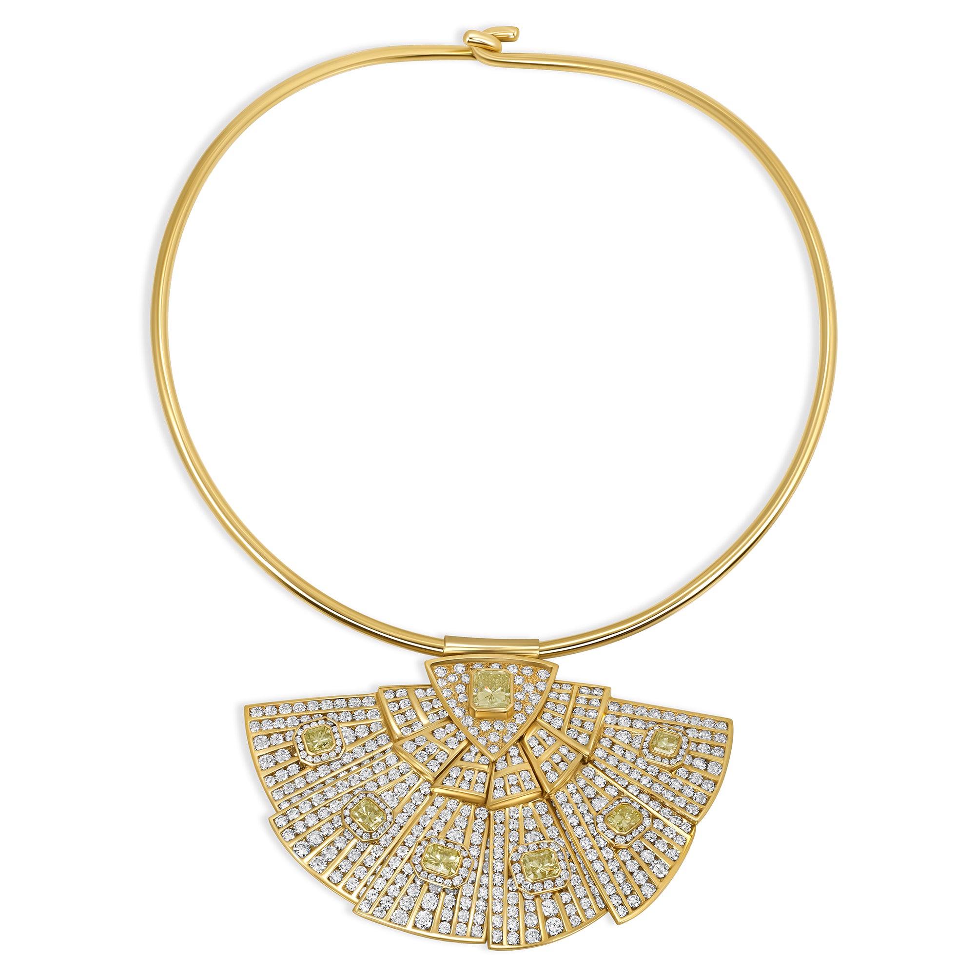 Radiant Cut Natural Yellow Diamond &amp; Round Brilliant Cut White Diamond Fan Brooch Necklace