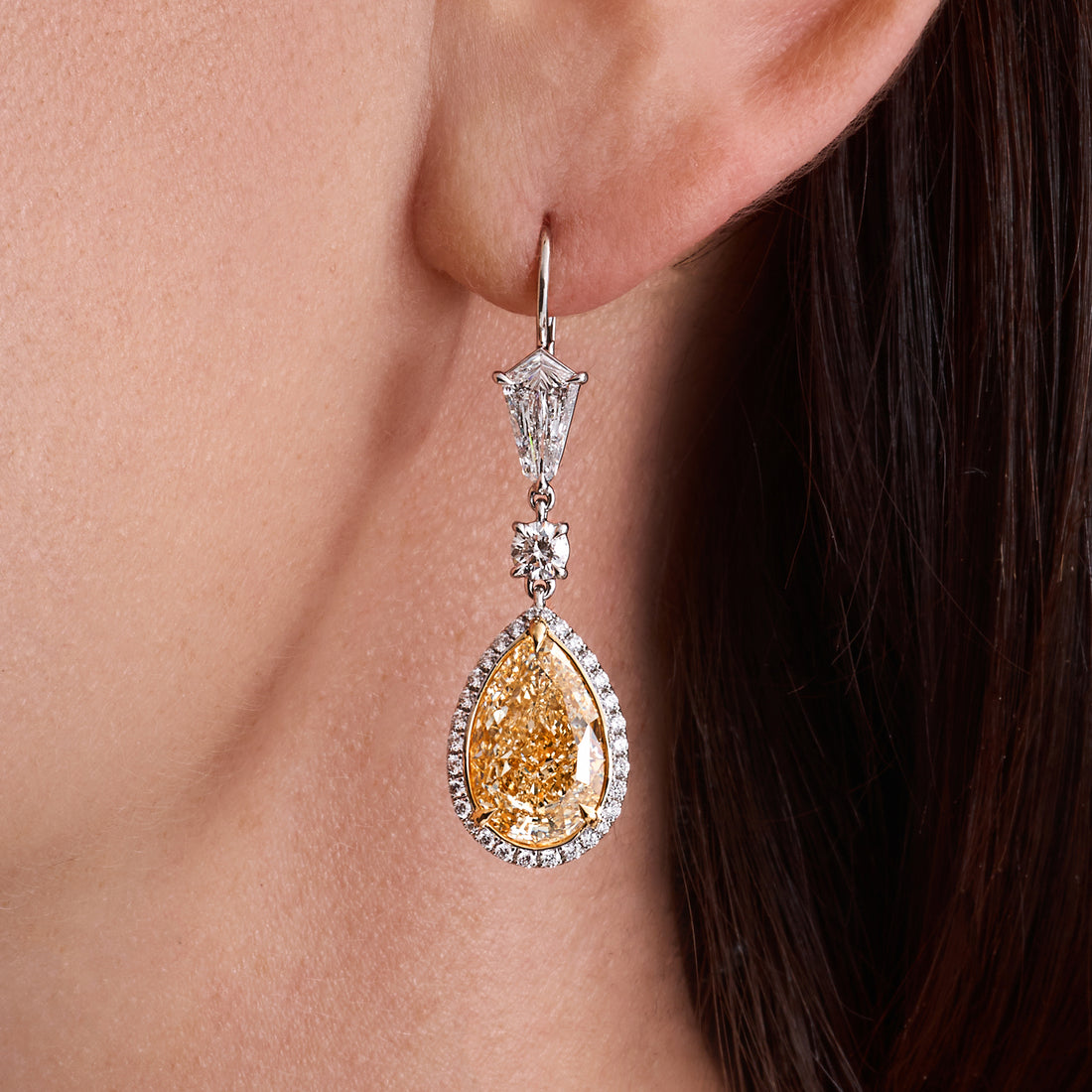 Pear Shape Yellow and White Diamond Dangle Earrings