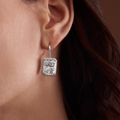 Radiant Cut Diamond Leverback Earrings with Pavé Diamond Halo