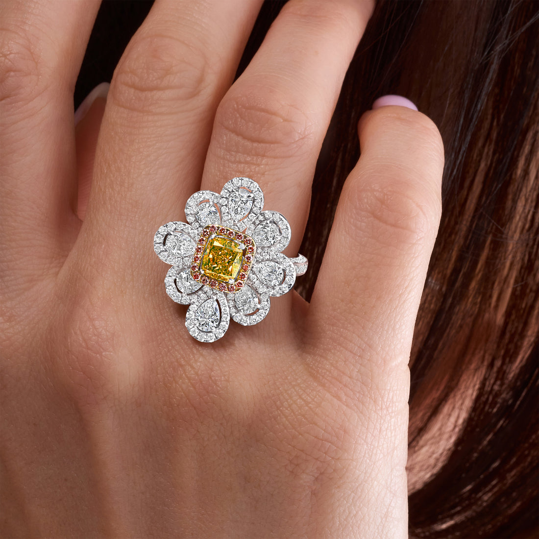 Cushion Cut Fancy Vivid Green-Yellow Diamond &amp; Pink Diamond Halo Flower Ring with White Diamond Petals