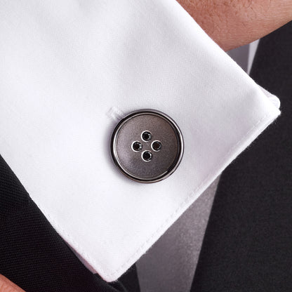 Black &amp; White Diamond Accented Button Cufflinks