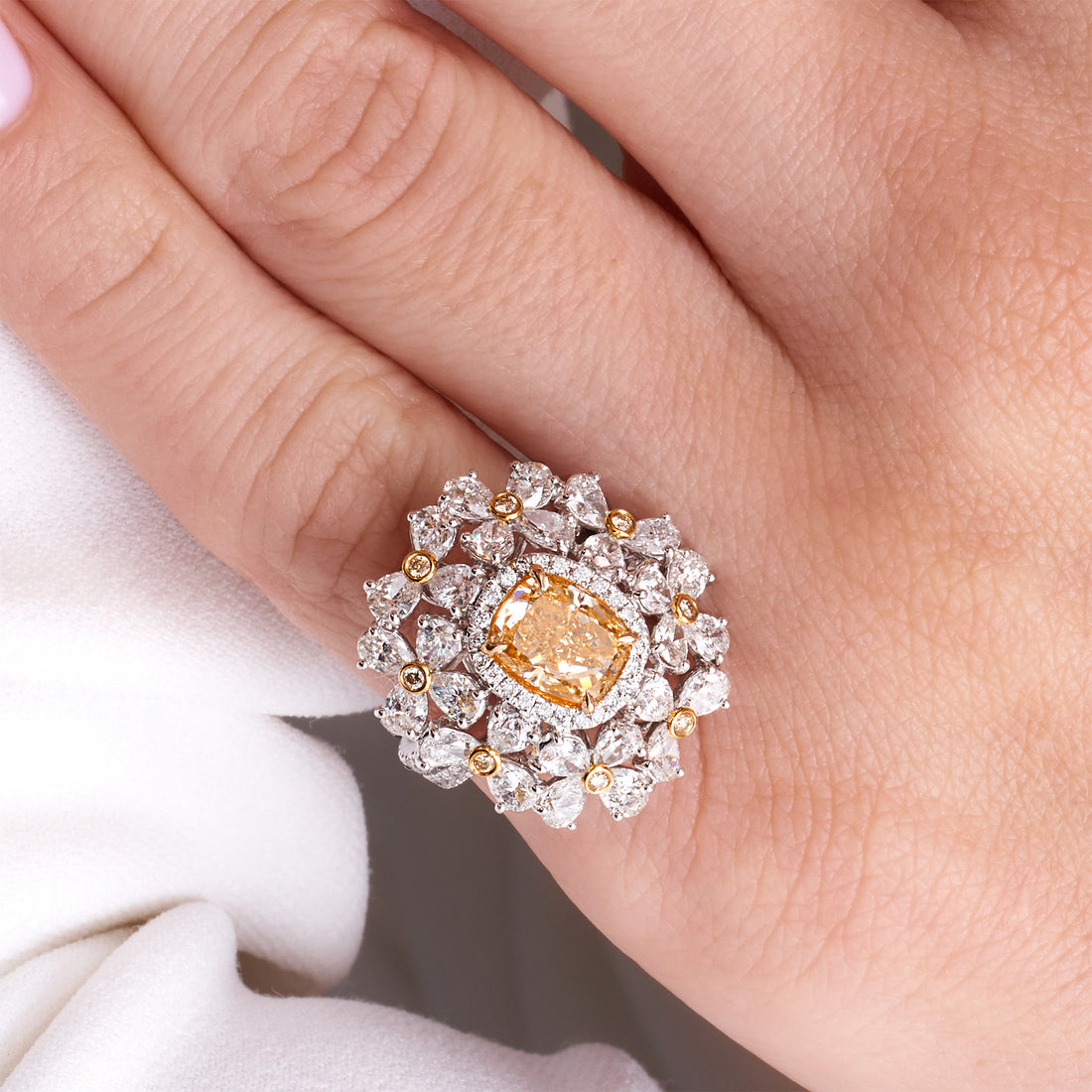 Cushion Cut Fancy Yellow-Orange Diamond Sun Ring with Yellow &amp; White Diamond Halos