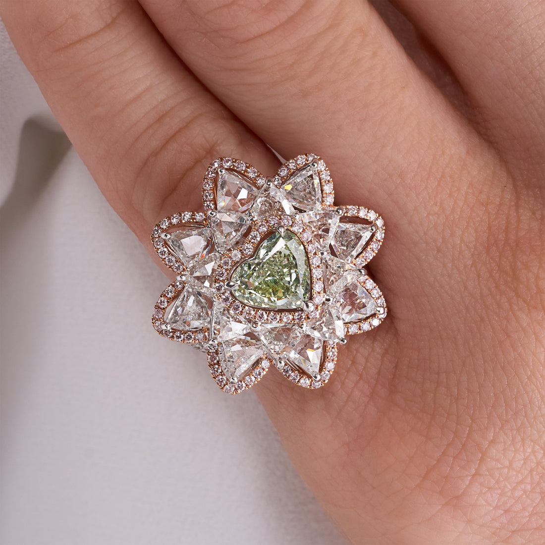 Heart Cut Fancy Yellow-Green Diamond Flower Ring with White &amp; Pink Diamond Halo