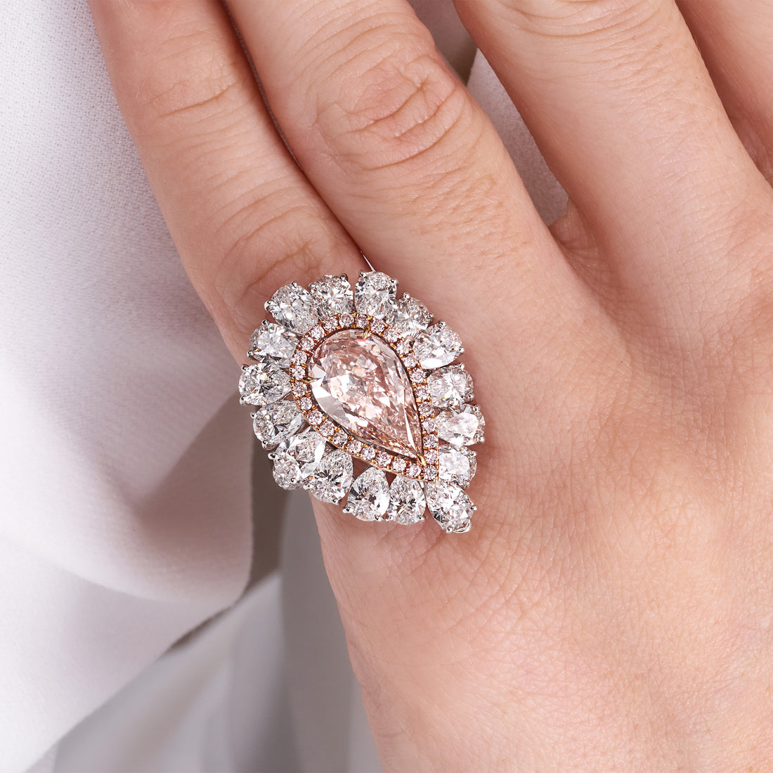 Fancy Brown-Pink Pear Cut Diamond Ring with Pink &amp; White Diamond Halo