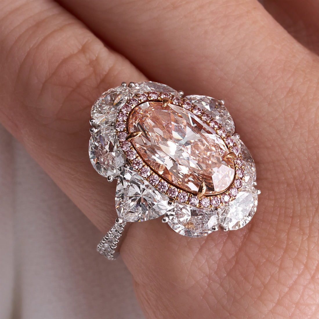 Oval Cut Light Brown-Pink Diamond Ring with Pink &amp; White Diamond Halo