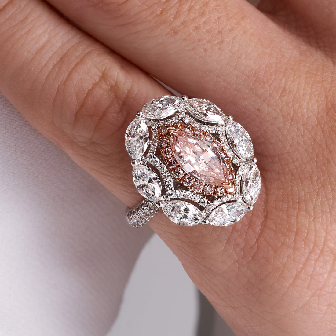 Marquise Cut Fancy Orange-Pink Diamond Ring with Pink &amp; White Diamond Double Halo