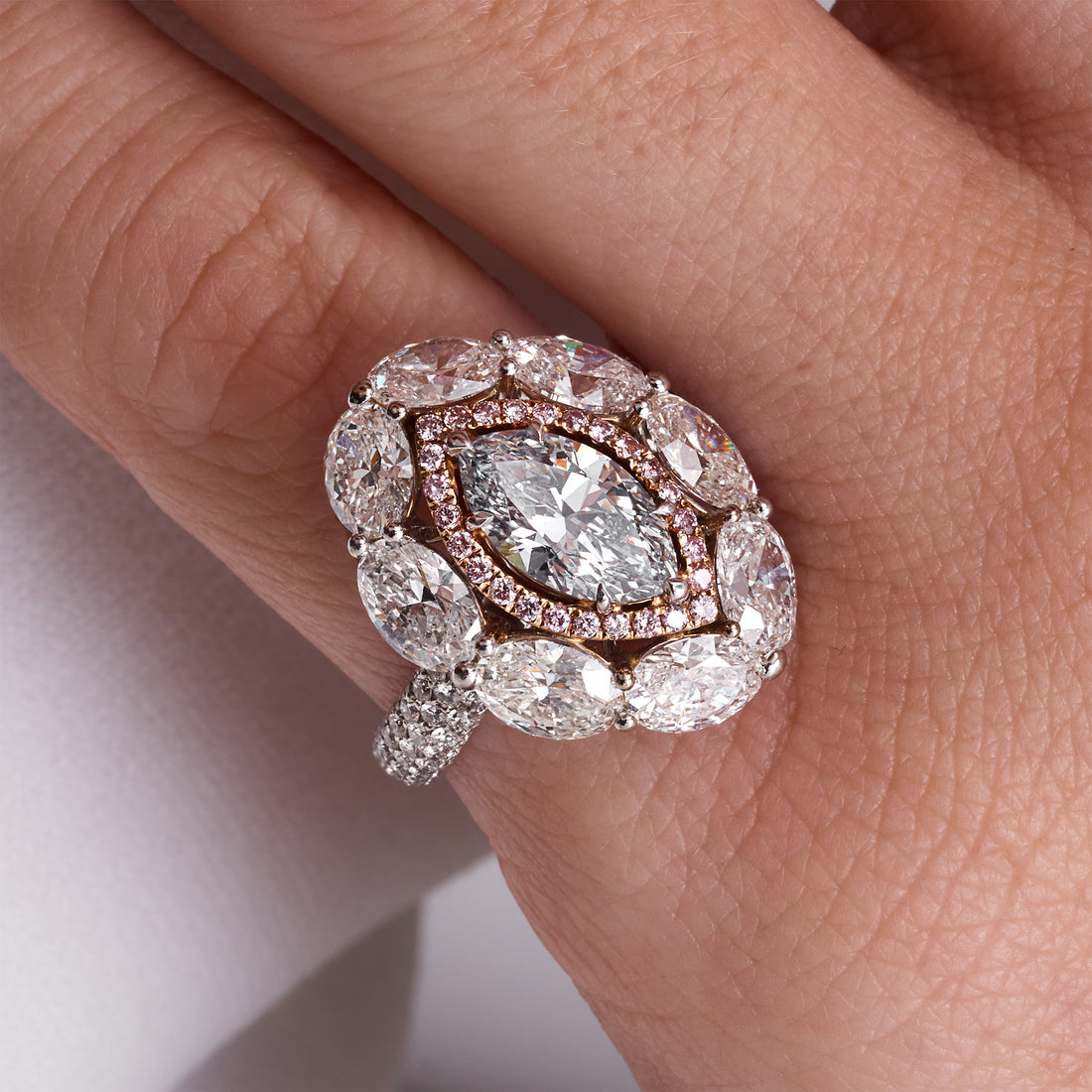 Marquise Cut Blue Diamond Ring with Pink &amp; White Diamond Double Halo