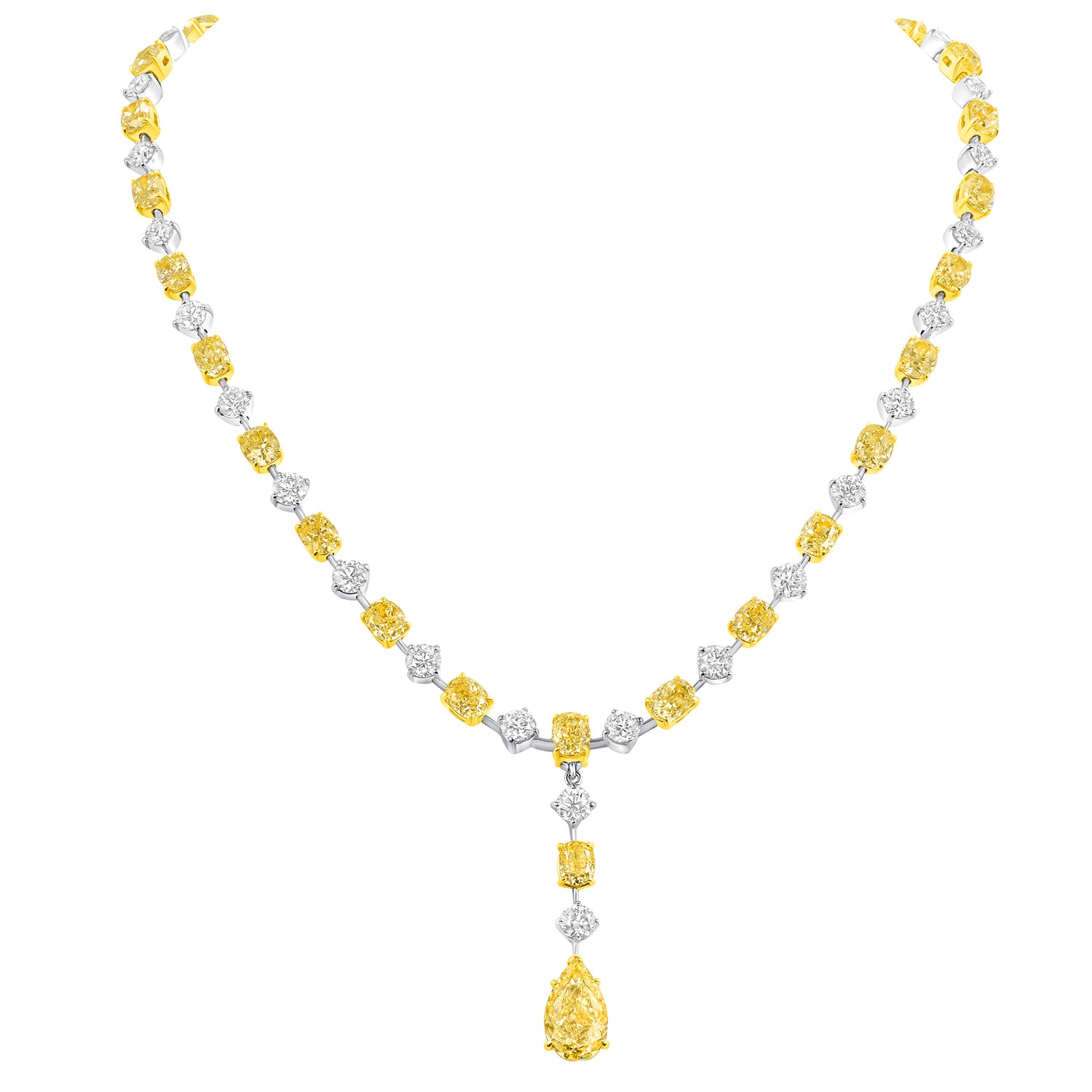 Alternating Oval Cut Yellow &amp; Round Brilliant Cut White Diamonds with Pear Cut Yellow Diamond Drop Necklace