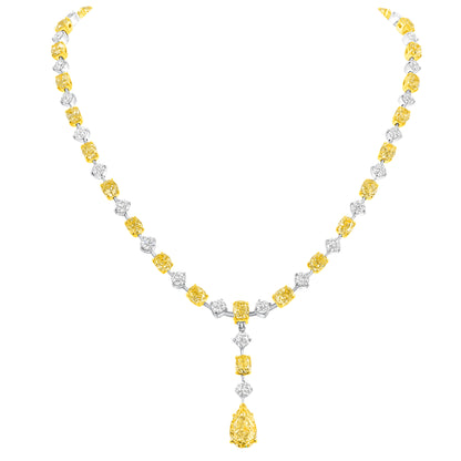 Alternating Oval Cut Yellow &amp; Round Brilliant Cut White Diamonds with Pear Cut Yellow Diamond Drop Necklace