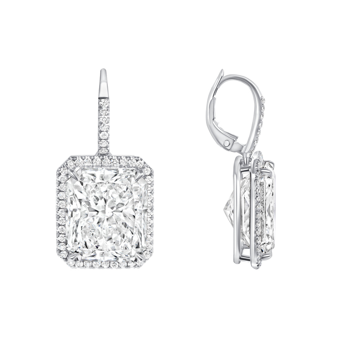 Radiant Cut Diamond Leverback Earrings with Pavé Diamond Halo