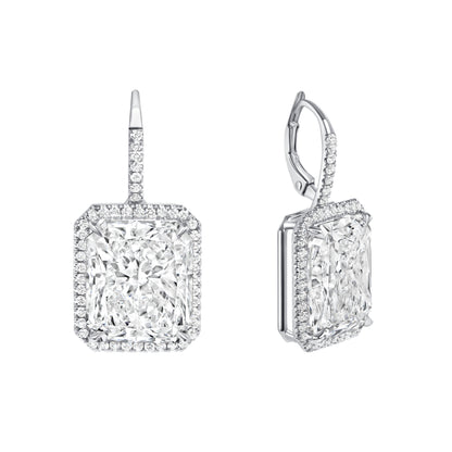 Radiant Cut Diamond Leverback Earrings with Pavé Diamond Halo