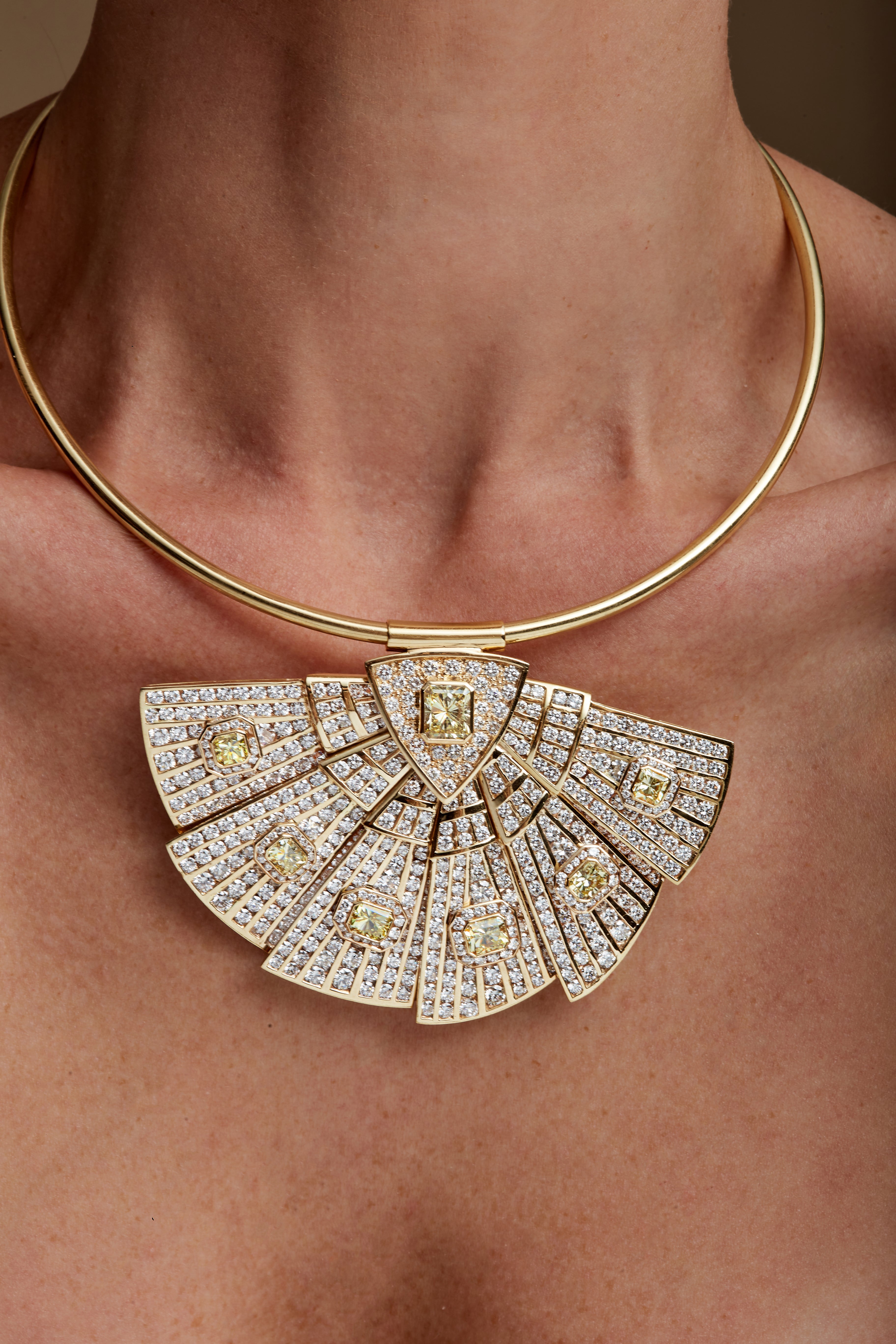 Radiant Cut Natural Yellow Diamond &amp; Round Brilliant Cut White Diamond Fan Brooch Necklace