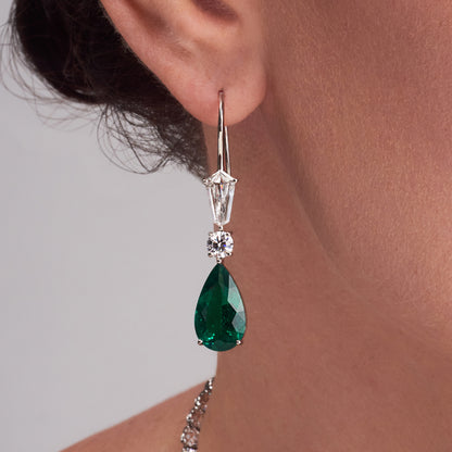 Pear Shape Colombian Emerald and Round Brilliant Diamond Drop Earrings