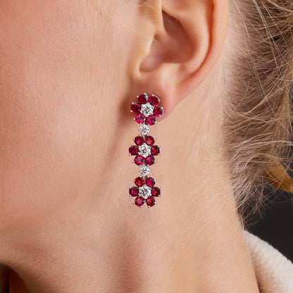 Ruby and Diamond Flower Dangle Earrings