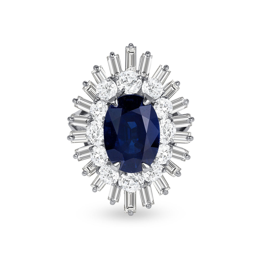 Oval Cut Sapphire &amp; Mixed Cut Diamond Starburst Halo Ring