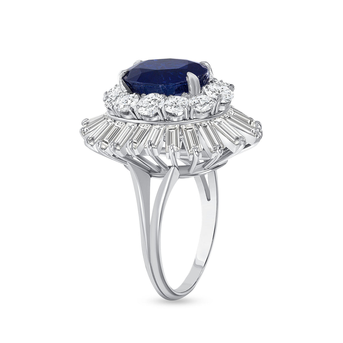 Oval Cut Sapphire &amp; Mixed Cut Diamond Starburst Halo Ring