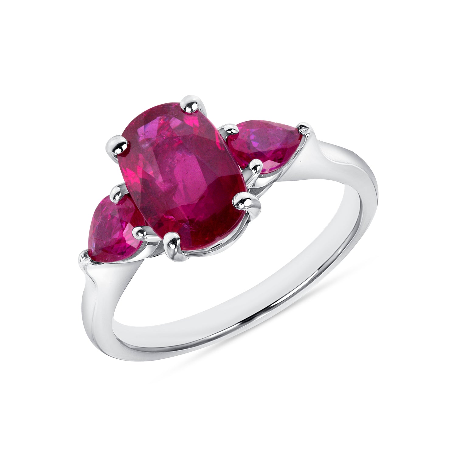 Oval and Pear Shape Ruby Three Stone Ring