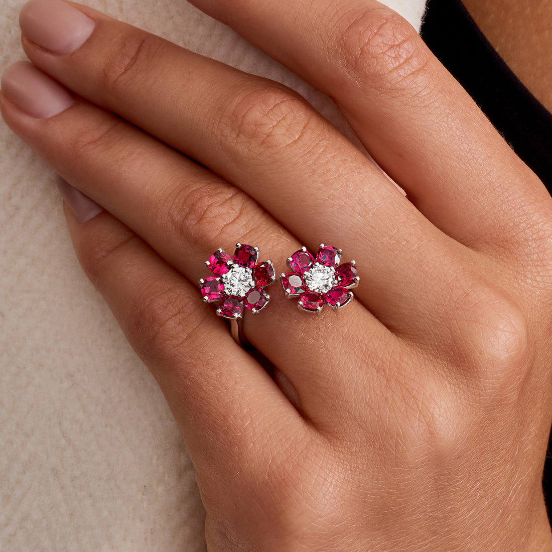 Cushion Ruby and Round Diamond Flower Ring