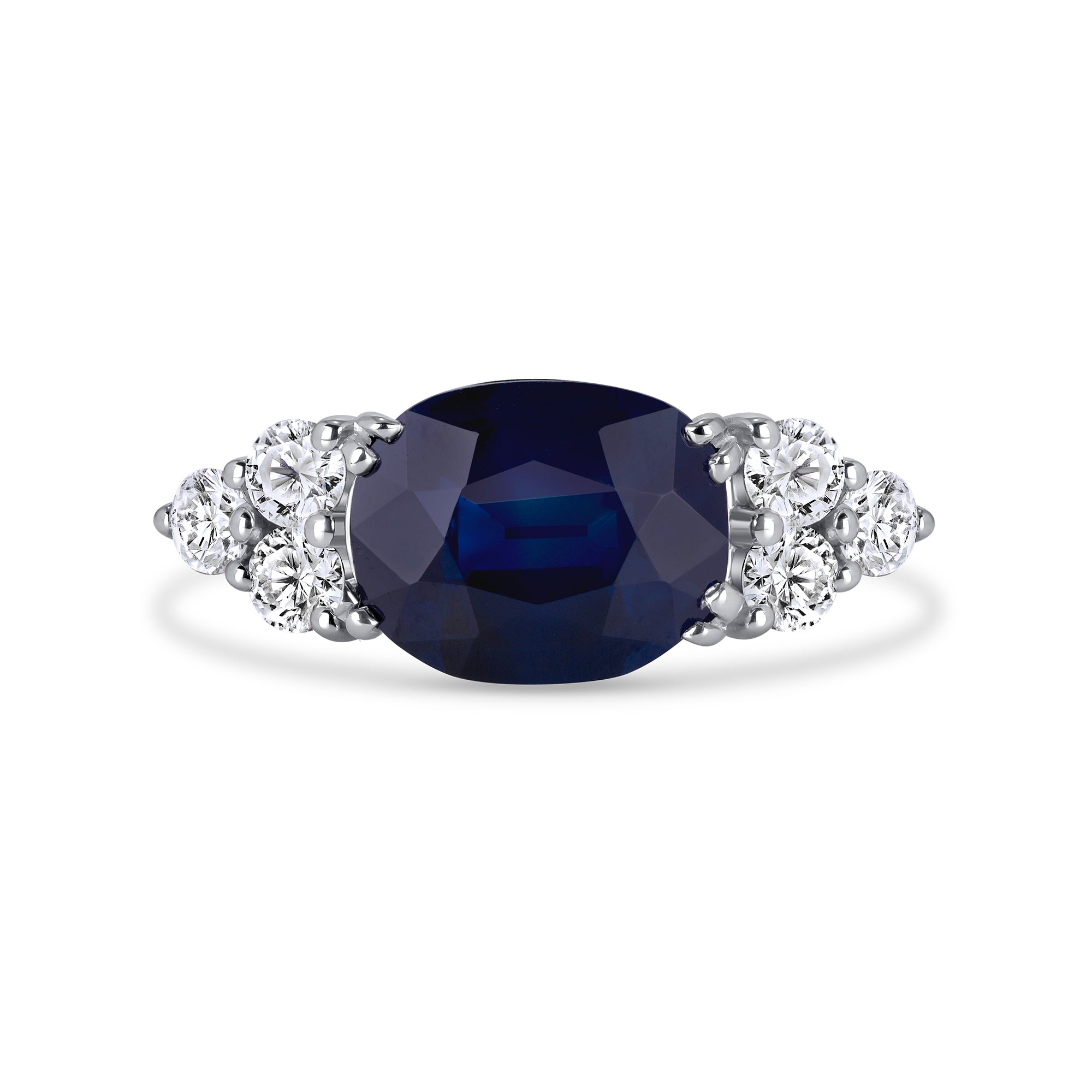 Cushion Cut Sapphire &amp; Round Brilliant Cut Diamond Cluster Side Accents Ring