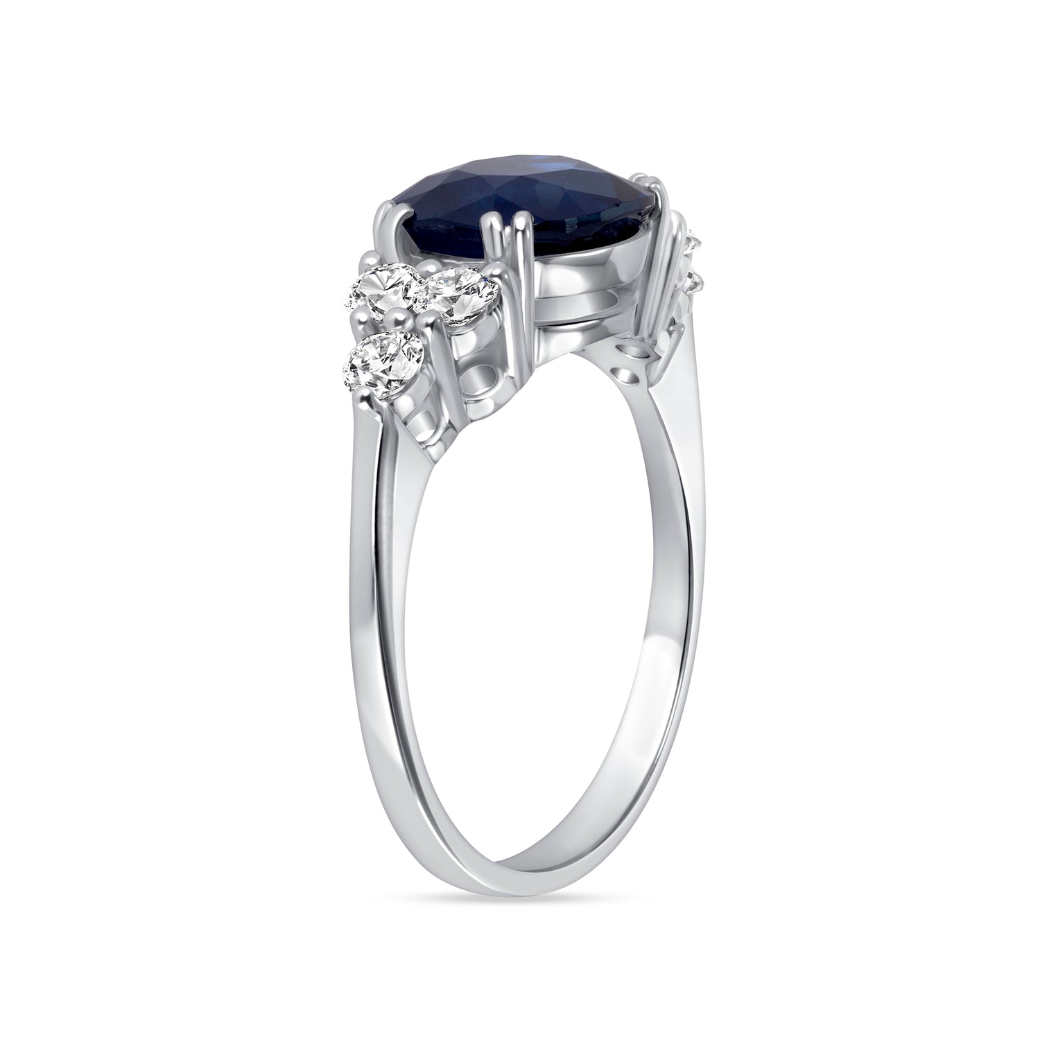 Cushion Cut Sapphire &amp; Round Brilliant Cut Diamond Cluster Side Accents Ring