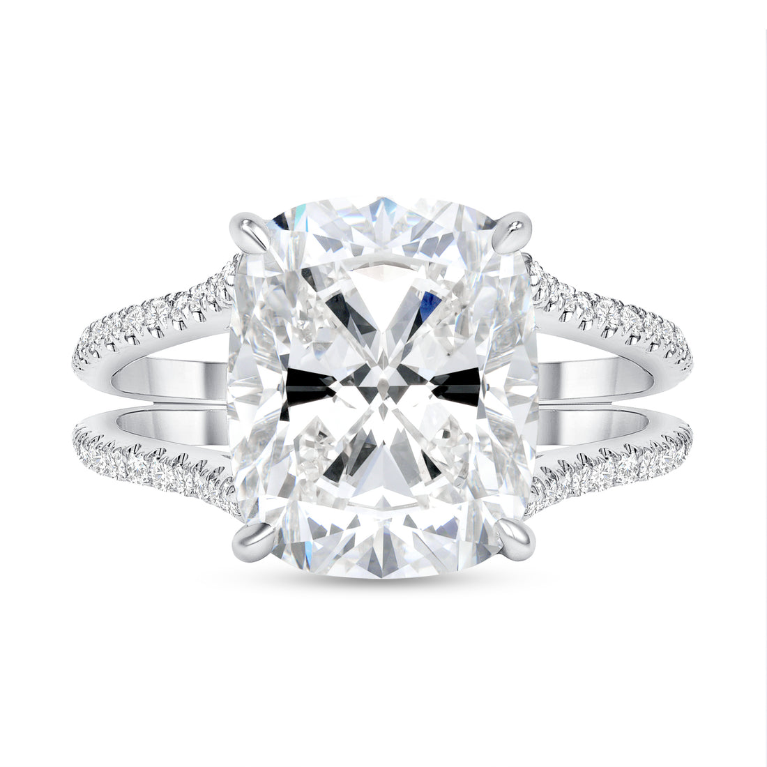 Cushion Cut Diamond Double Shank Ring with Pavé Diamonds