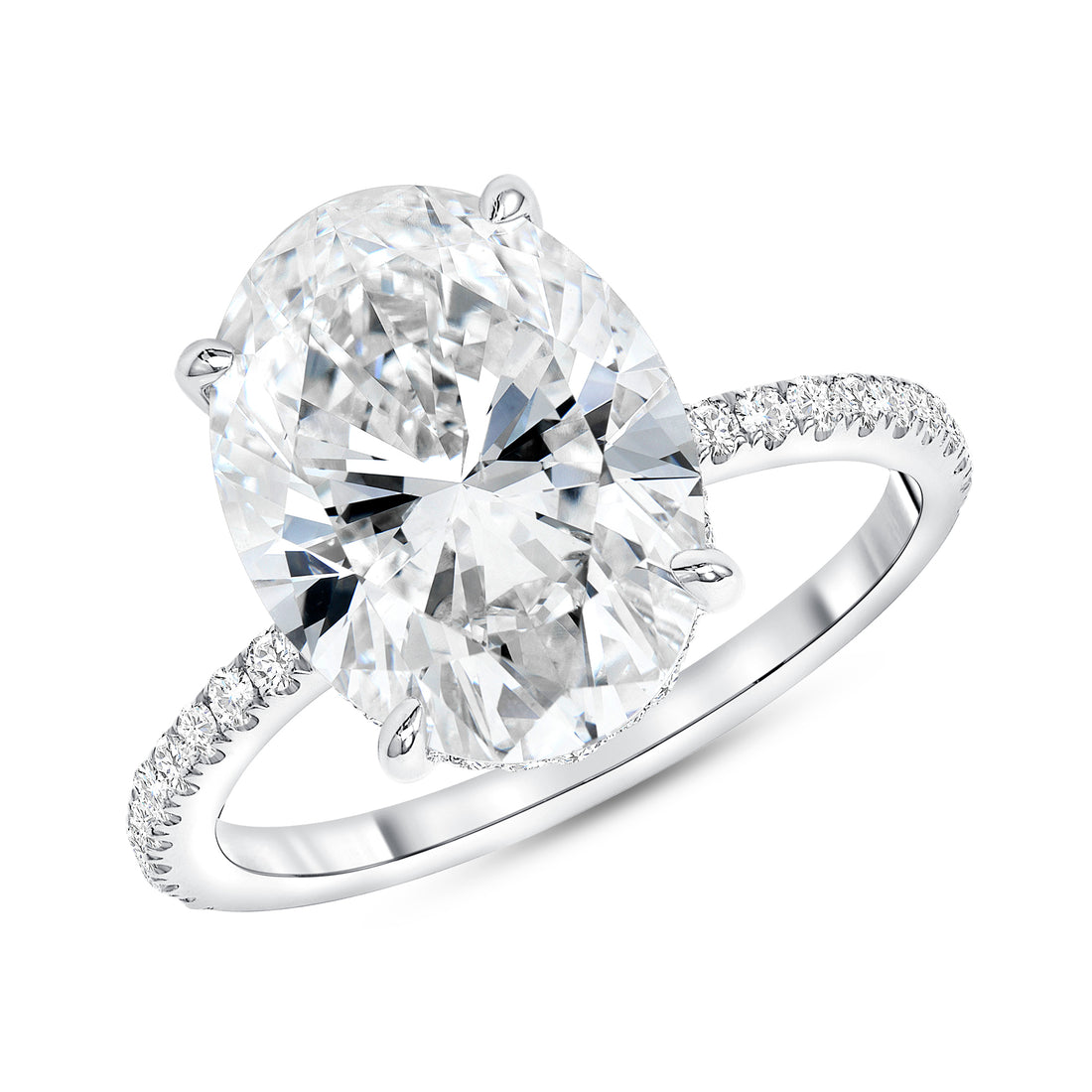 Oval Cut Hidden Halo Diamond Ring with Pavé Band