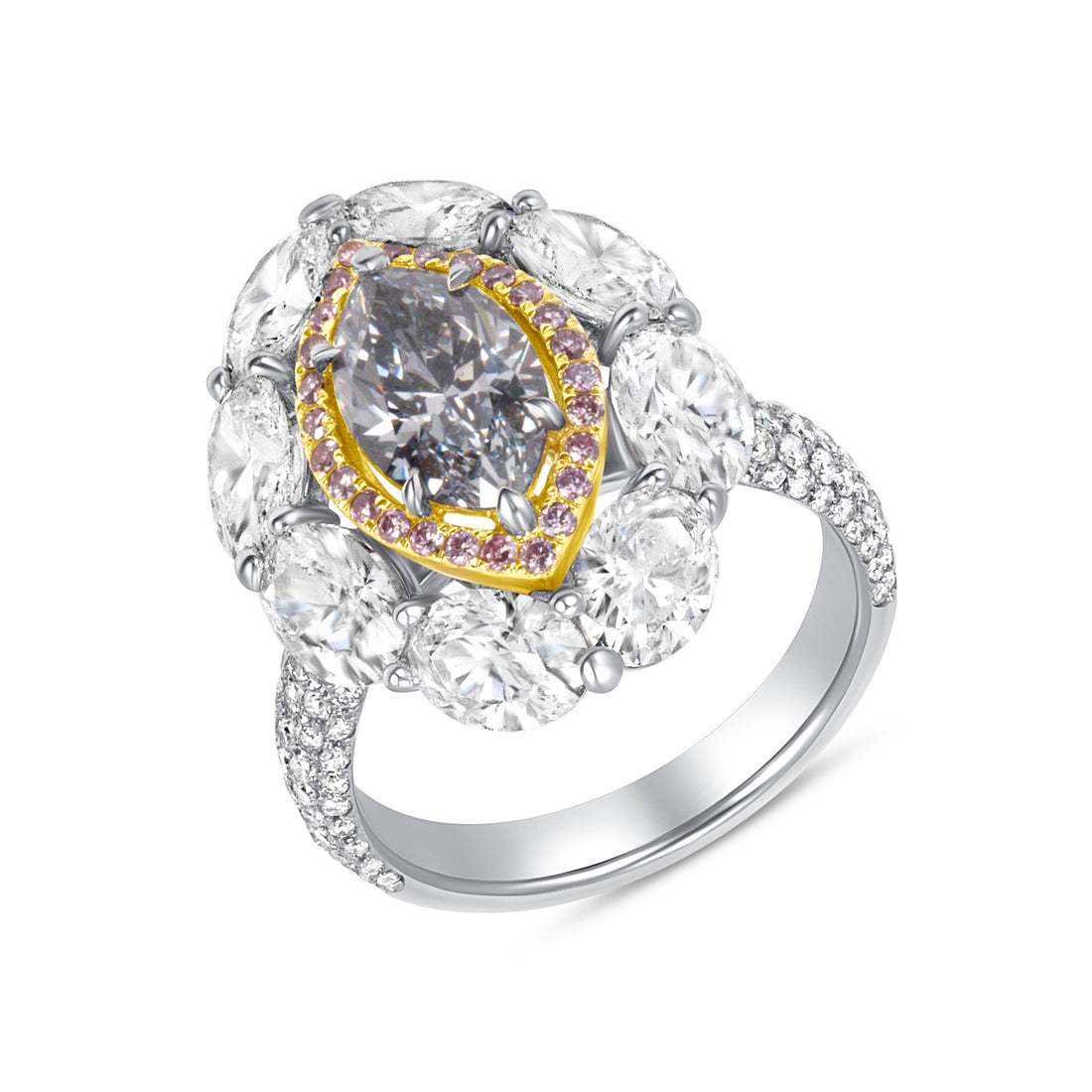 Marquise Cut Blue Diamond Ring with Pink &amp; White Diamond Double Halo