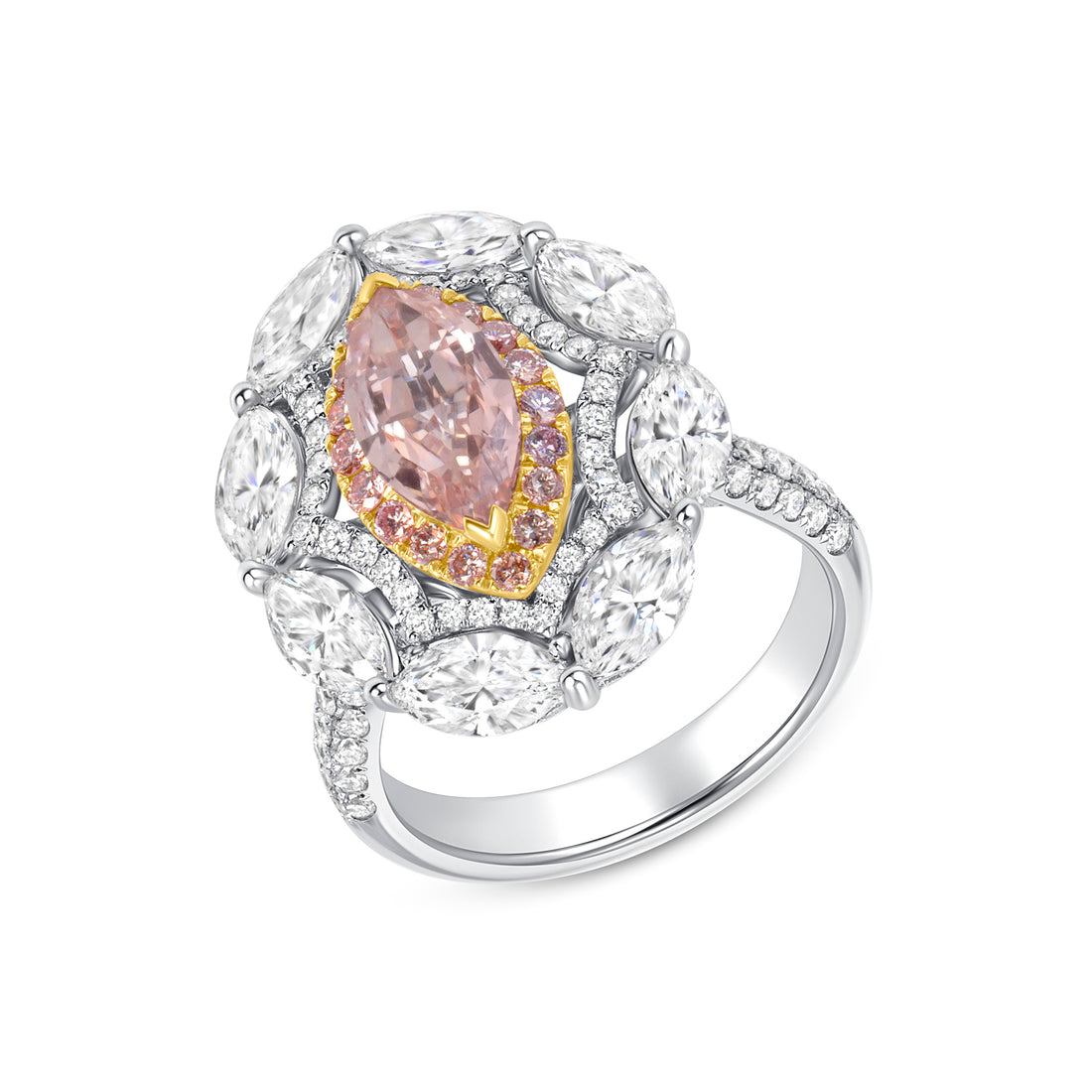 Marquise Cut Fancy Orange-Pink Diamond Ring with Pink &amp; White Diamond Double Halo