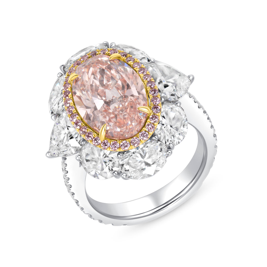 Oval Cut Light Brown-Pink Diamond Ring with Pink &amp; White Diamond Halo