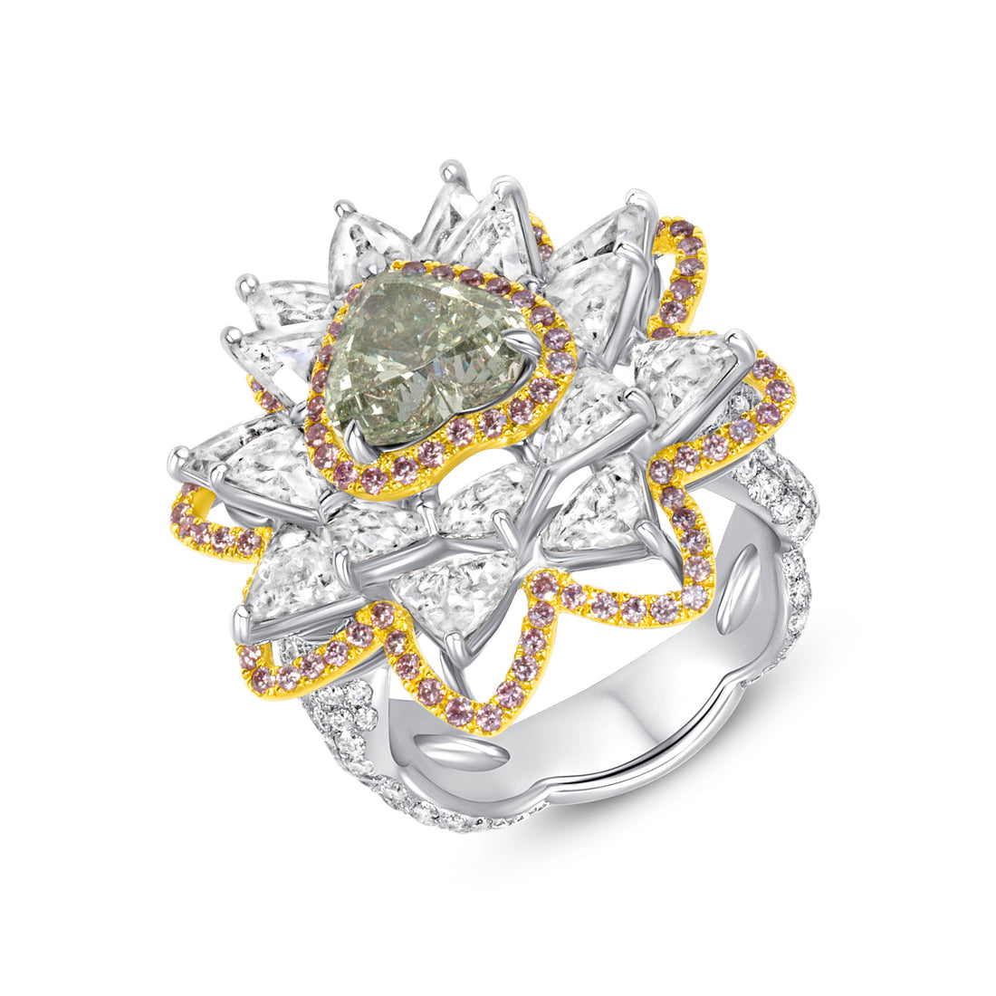 Heart Cut Fancy Yellow-Green Diamond Flower Ring with White &amp; Pink Diamond Halo