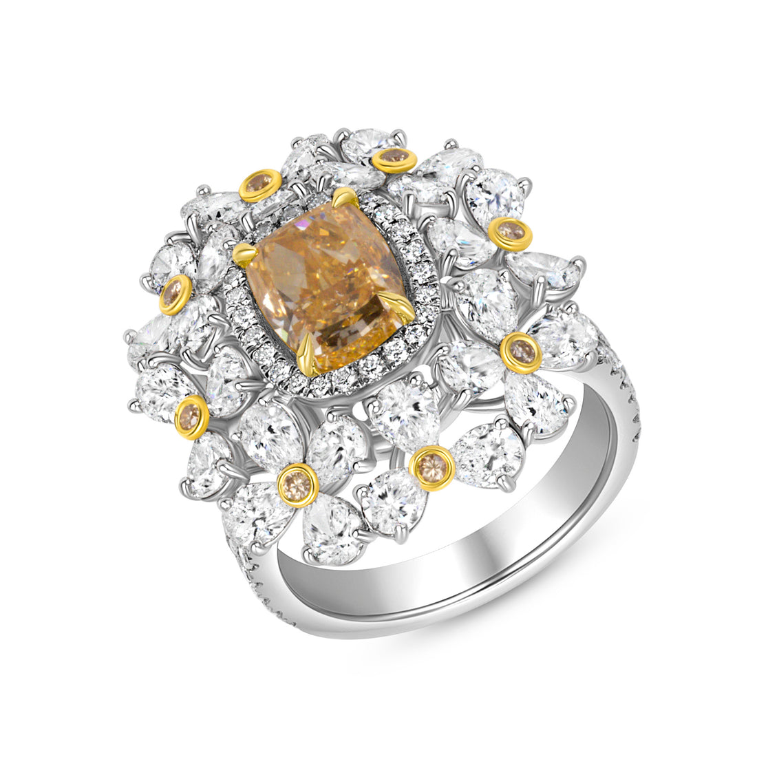 Cushion Cut Fancy Yellow-Orange Diamond Sun Ring with Yellow &amp; White Diamond Halos