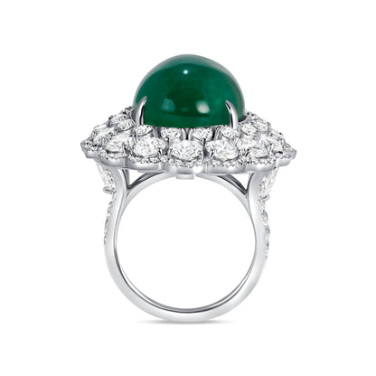 Oval Cabochon Emerald Ring with Triple Diamond Halos &amp; Accents