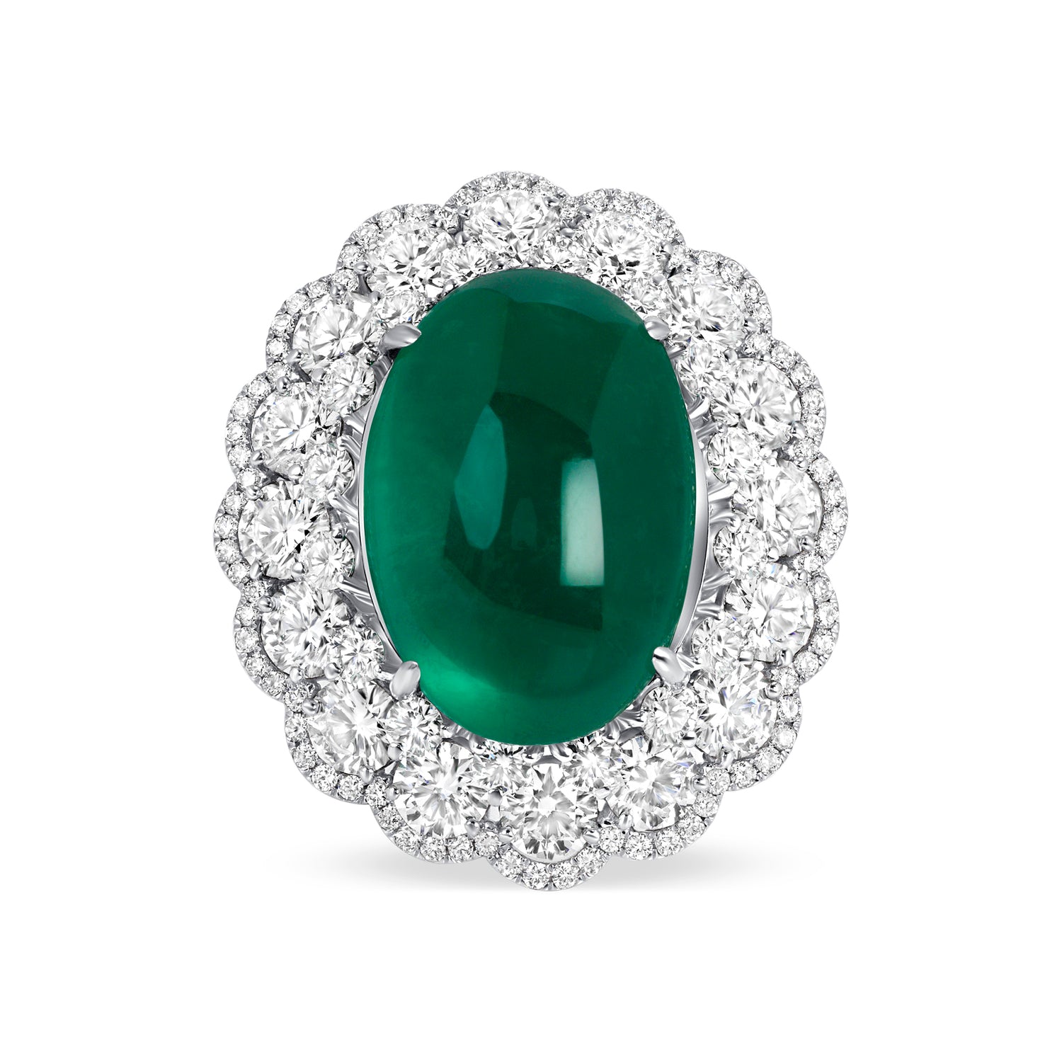 Oval Cabochon Emerald Ring with Triple Diamond Halos &amp; Accents