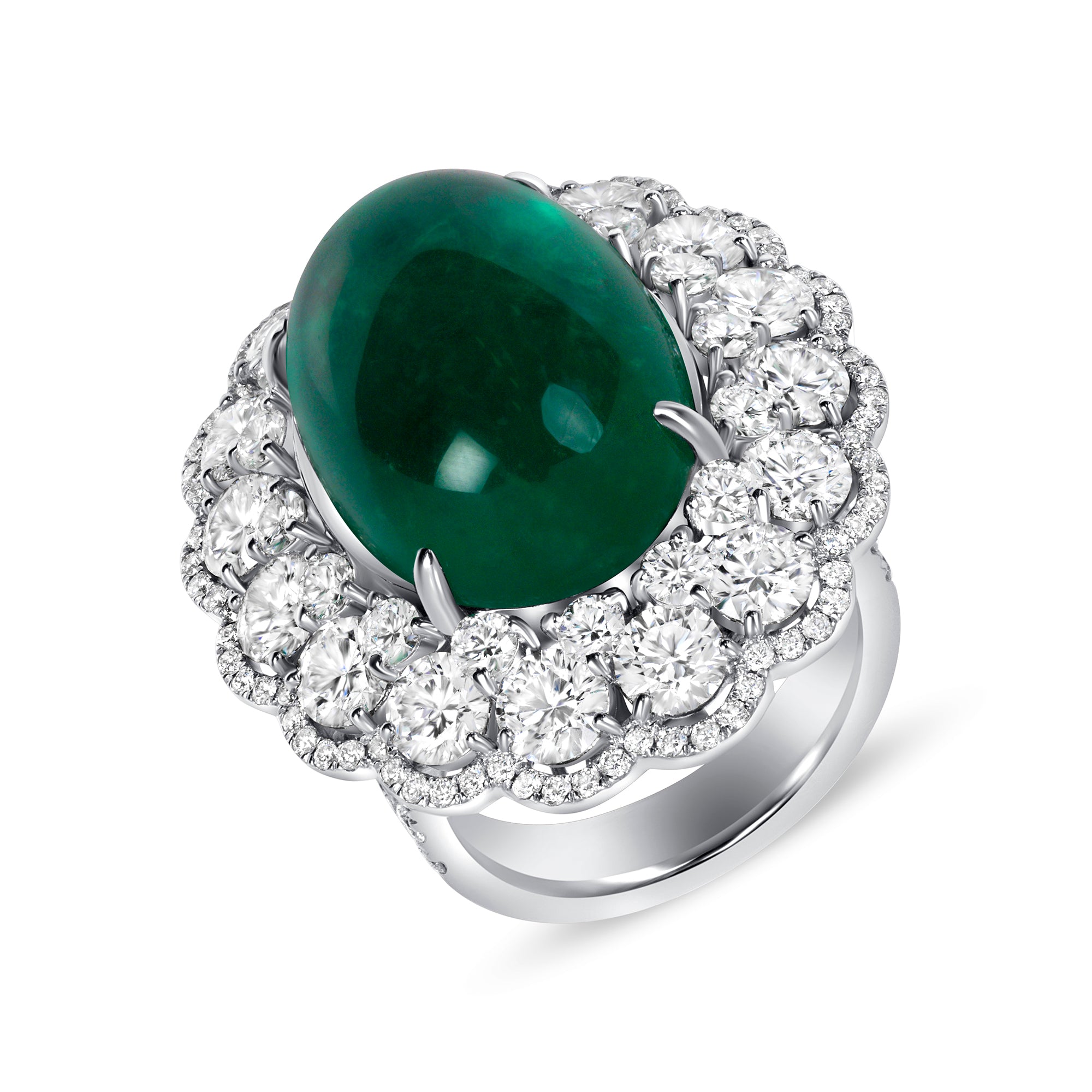 Oval Cabochon Emerald Ring with Triple Diamond Halos &amp; Accents