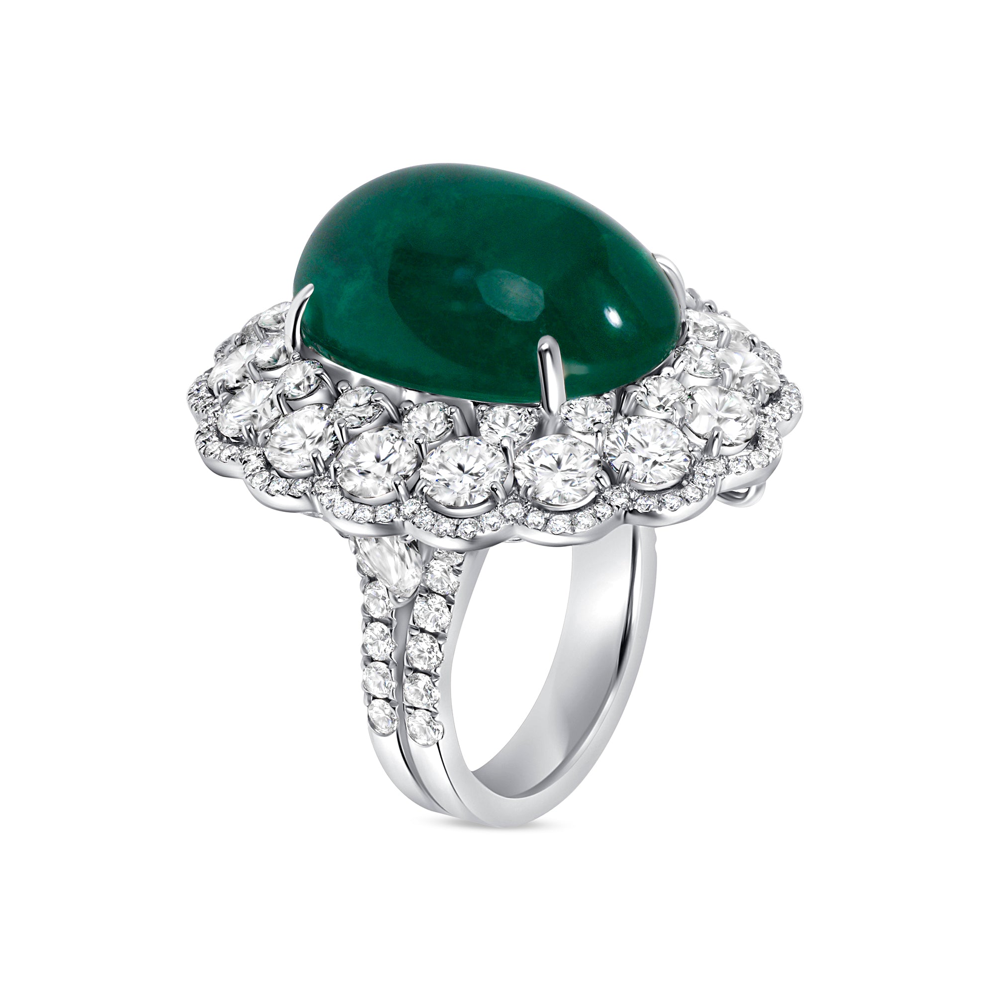 Oval Cabochon Emerald Ring with Triple Diamond Halos &amp; Accents