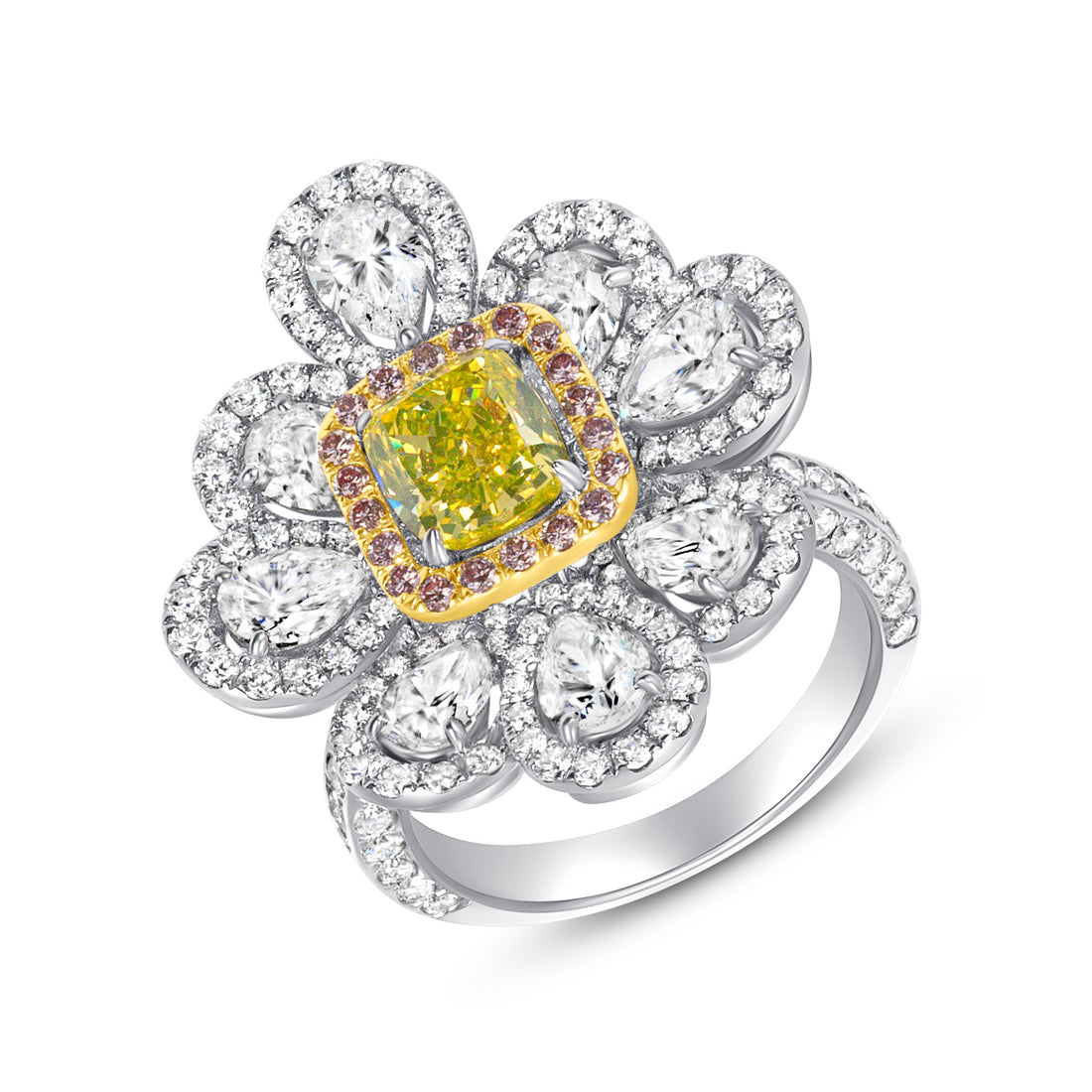 Cushion Cut Fancy Vivid Green-Yellow Diamond &amp; Pink Diamond Halo Flower Ring with White Diamond Petals