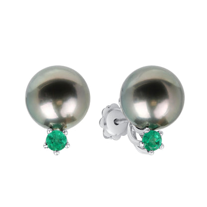 Black Pearl and Emerald Stud Earrings